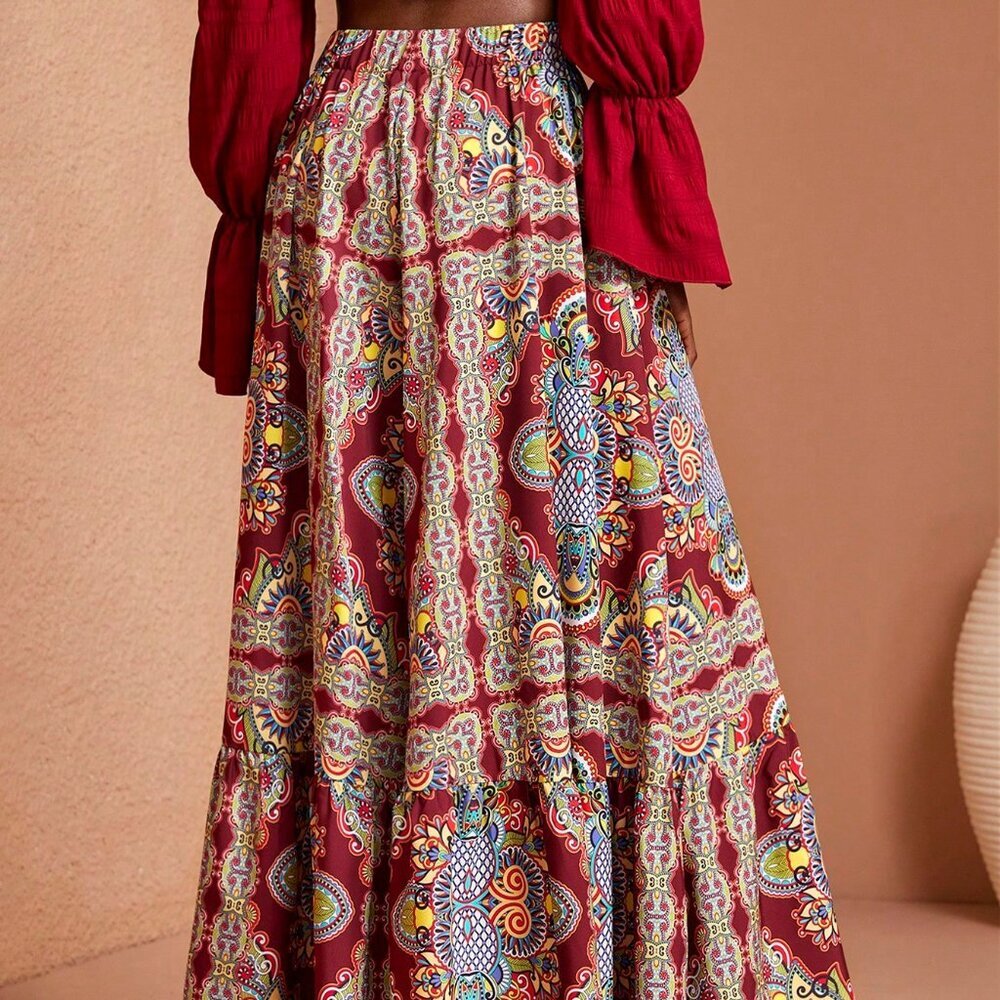 Multicolor Boho Women's All-Over Print High Waist Wide-Leg Hem Pants - Picture 2 of 6